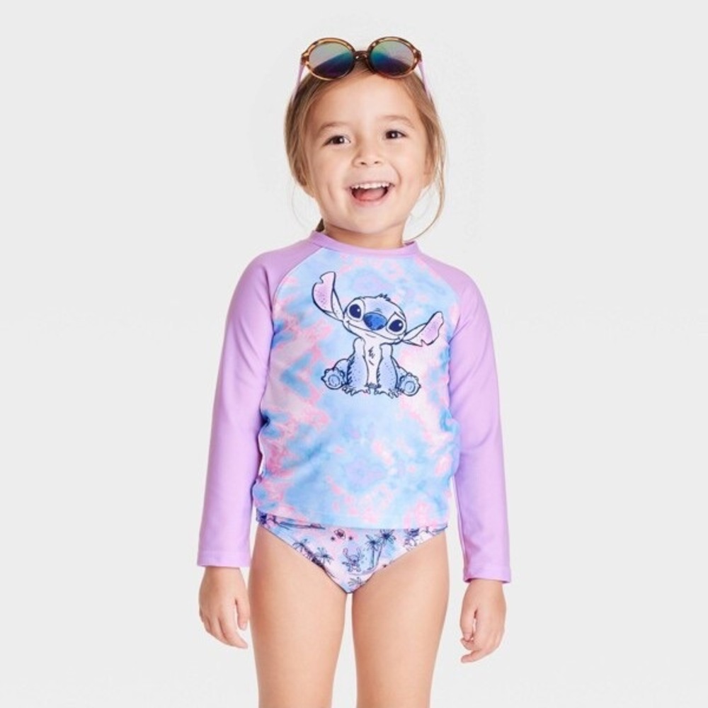 Disney-Target Stitch Toddler Girls' 3pc Swimwear Blue Purple Rashgaurd Swim Set